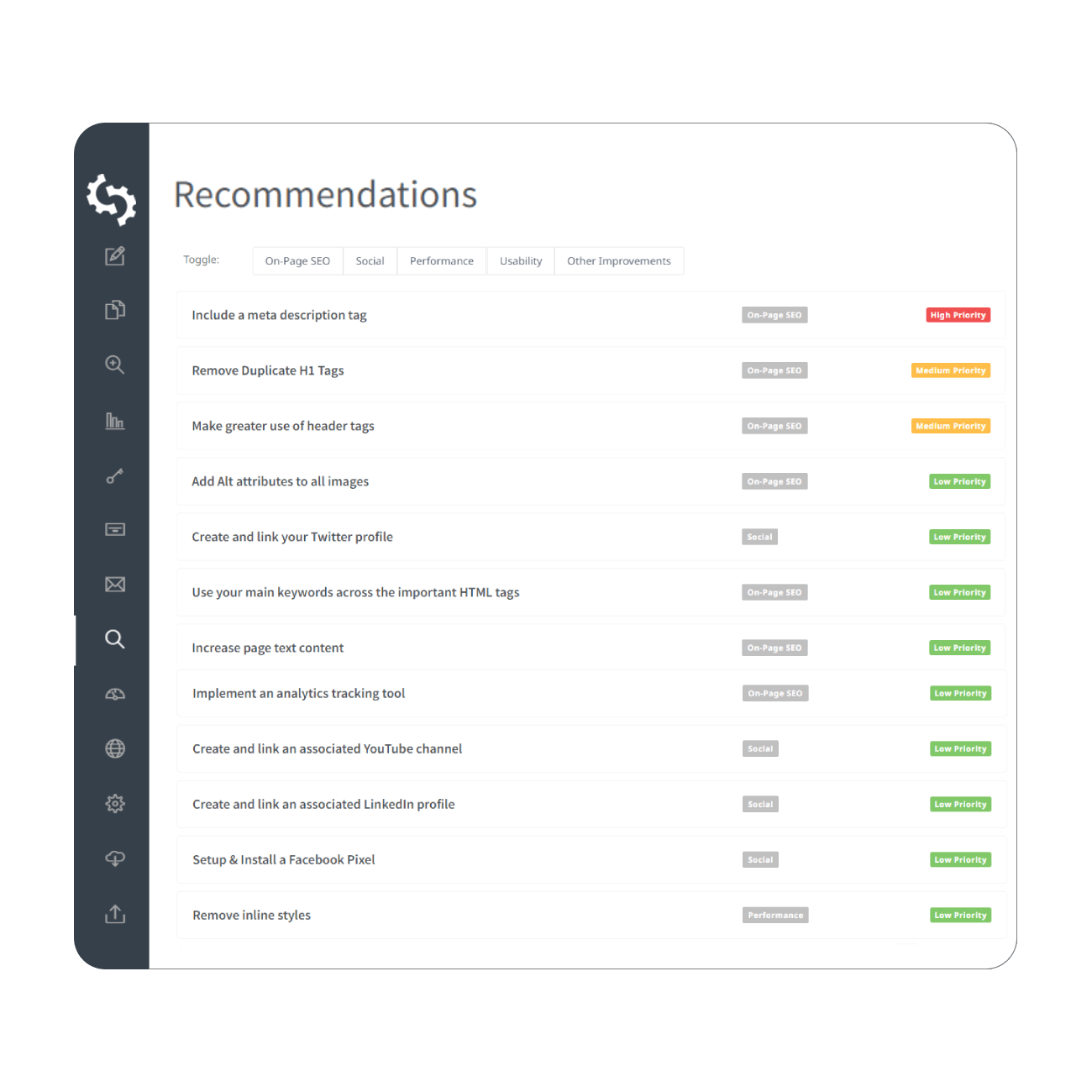 List of SEO Recommendations